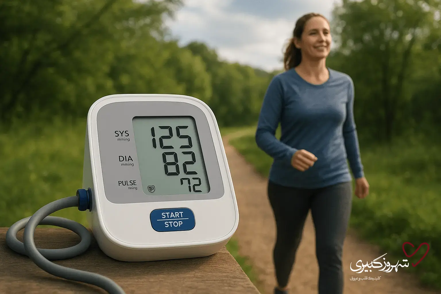 عوامل تحریک کننده فشار خون - خانوم در حال ورزش و دستگاه فشار سنج